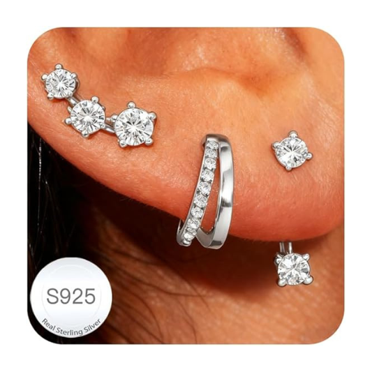 925 Sterling Silver Stud and Hoop Earring Set with Cubic Zirconia