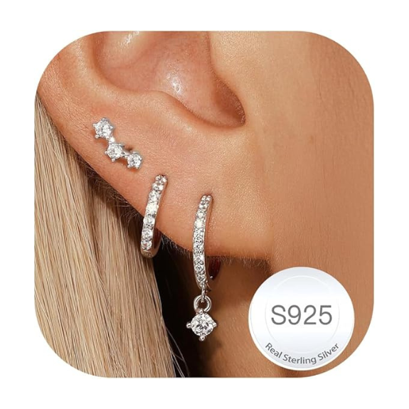 925 Sterling Silver Stud and Hoop Earring Set with Round CZ - 3 Pairs Silver