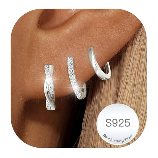 925 Sterling Silver Twist CZ Huggie Hoop Earrings Set of 3 Pairs - Silver