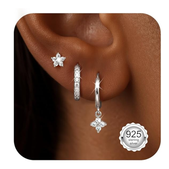 925 Sterling Silver Flower CZ Stud and Hoop Earring Set of 3 Pairs - Silver