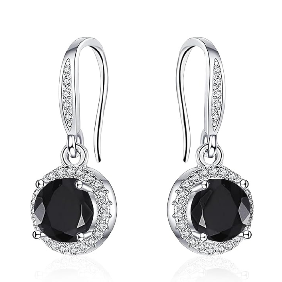 925 Sterling Silver Round Drop Earrings with Black Cubic Zirconia - Silver