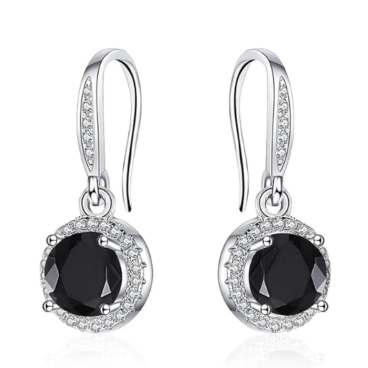925 Sterling Silver Round Drop Earrings with Black Cubic Zirconia - Silver