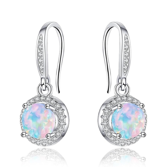925 Sterling Silver Round Drop Earrings with Opal - Silver