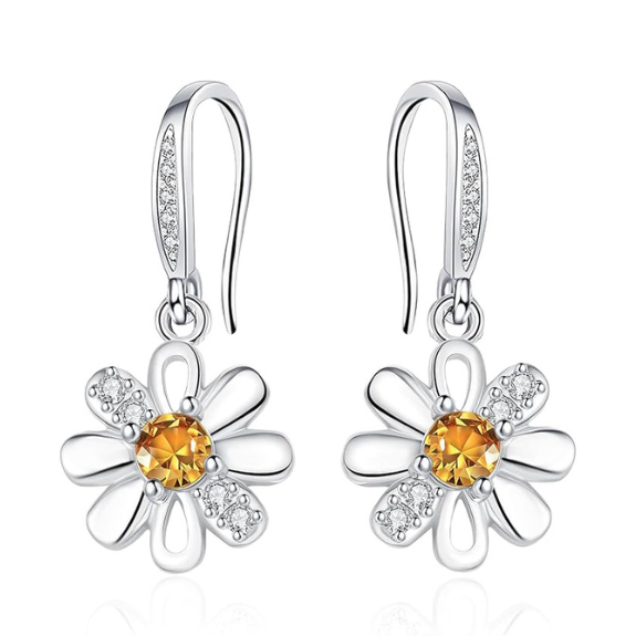 925 Sterling Silver Daisy Drop Earrings with Cubic Zirconia - Silver