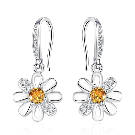 925 Sterling Silver Daisy Drop Earrings with Cubic Zirconia - Silver