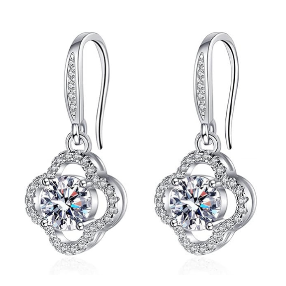 925 Sterling Silver Leaf Drop Earrings with Cubic Zirconia - Silver