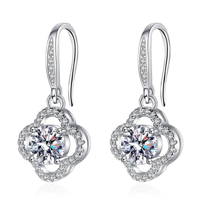 925 Sterling Silver Leaf Drop Earrings with Cubic Zirconia - Silver
