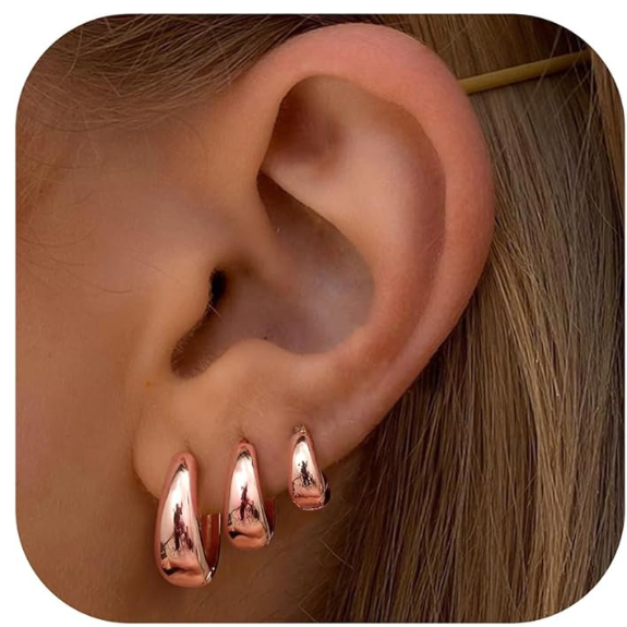 14K Rose Gold Plated Huggie Hoop Earrings Set of 3 Pairs - Rose Gold