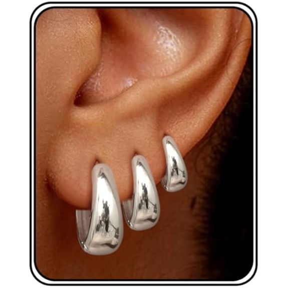 14K White Gold Plated Huggie Hoop Earrings Set of 3 Pairs - White Gold