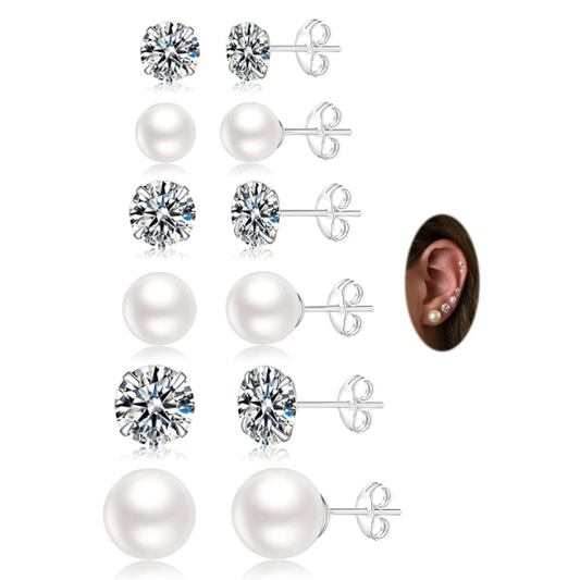 925 Sterling Silver Pearl and CZ Stud Earrings Set of 6 Pairs - Silver