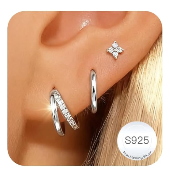 925 Sterling Silver Flower CZ Stud and Hoop Earring Set - 3 Pairs Silver