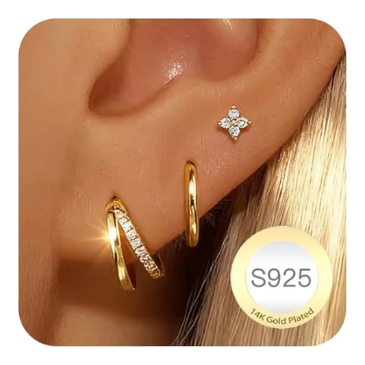 925 Sterling Silver Flower CZ Stud and Hoop Earring Set - 3 Pairs Gold