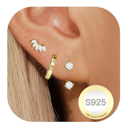 925 Sterling Silver Five Star CZ Stud and Hoop Earring Set - 3 Pairs Gold