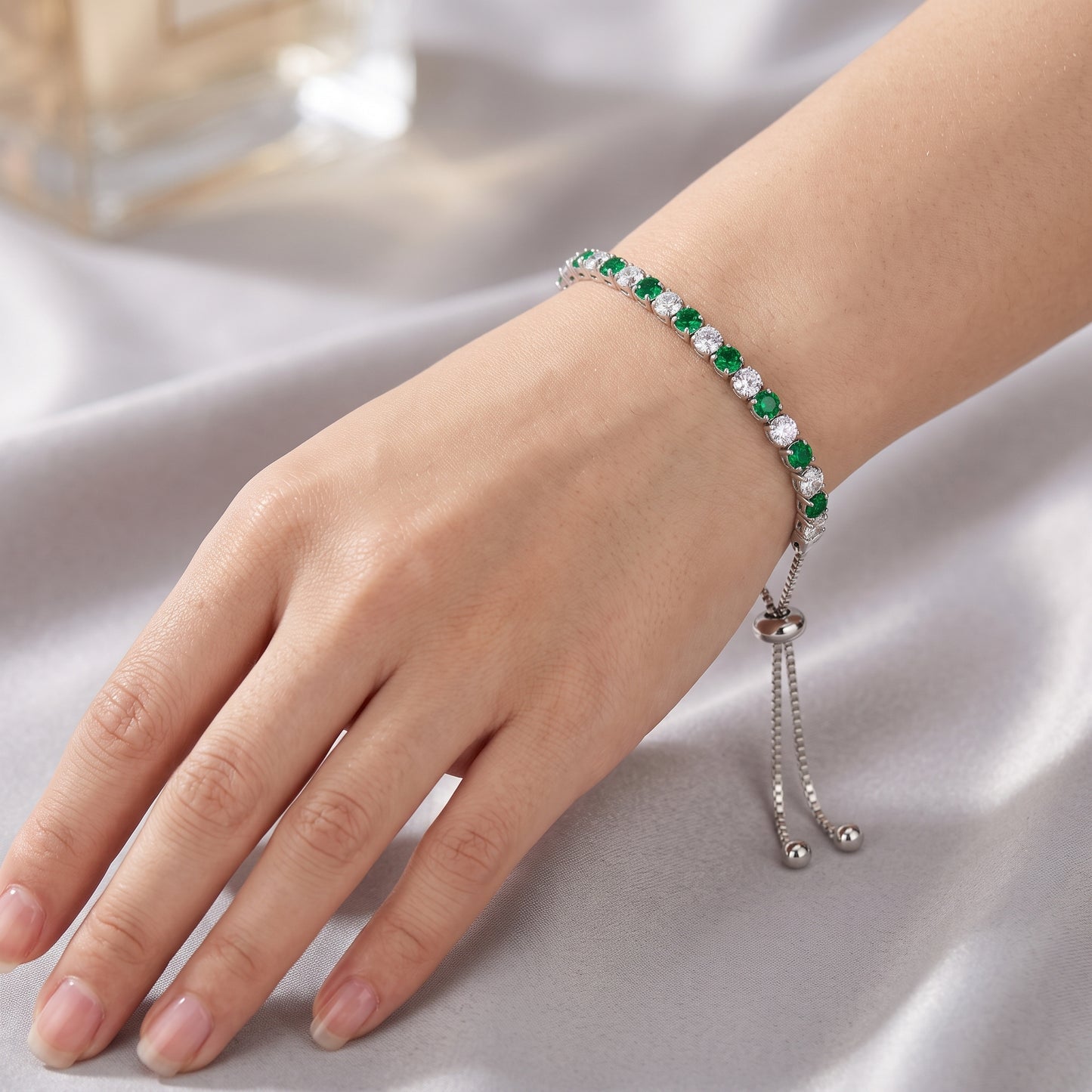 925 Sterling Silver Plated Tennis Bracelet with Green and White Cubic Zirconia - Silver