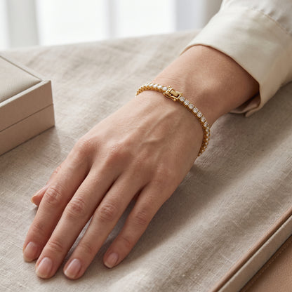 14K Gold Plated Tennis Bracelet with Square Cut Cubic Zirconia - Gold