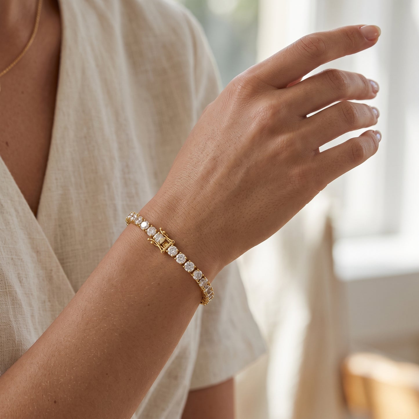 14K Gold Plated Tennis Bracelet with Square Cut Cubic Zirconia - Gold