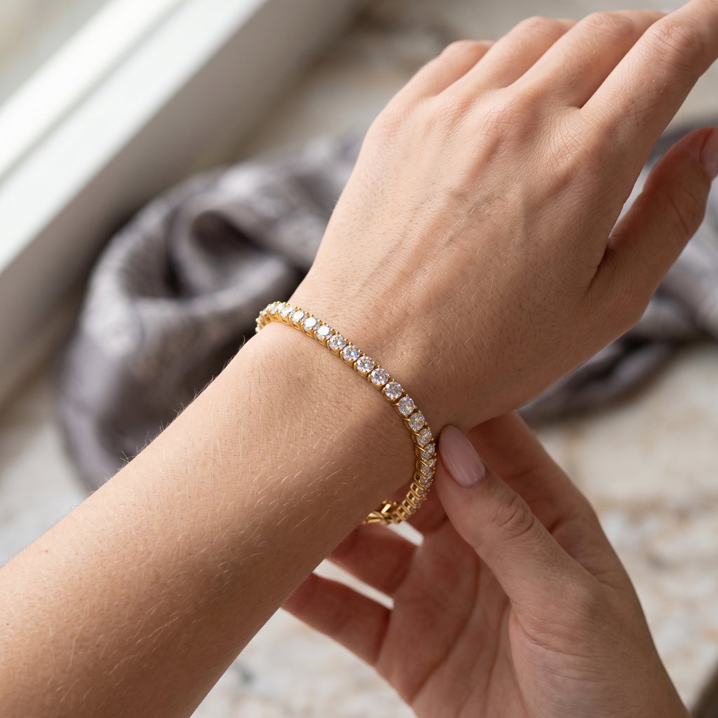 14K Gold Plated Tennis Bracelet with Square Cut Cubic Zirconia - Gold