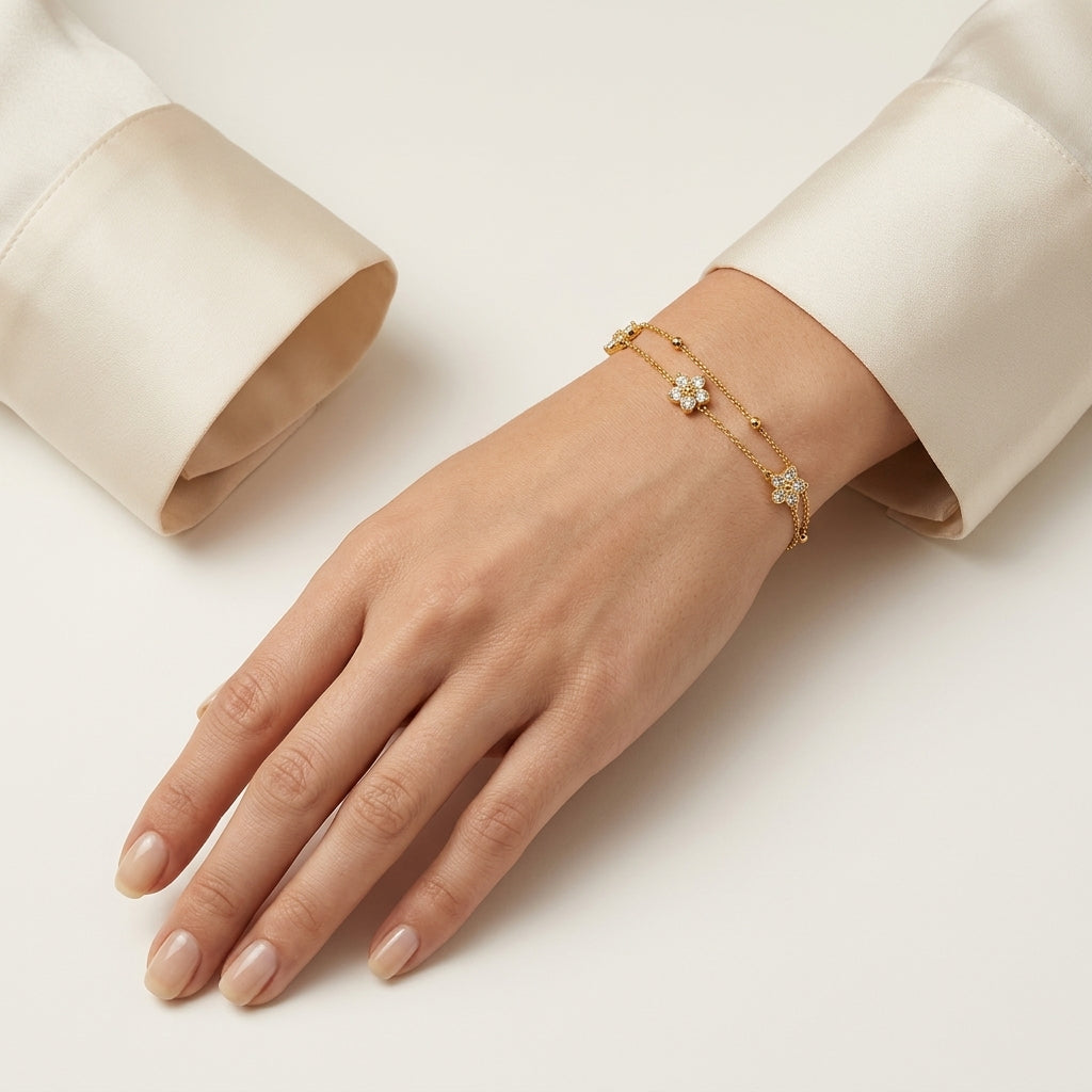 14K Gold Plated Double Layer CZ Clover Bracelet - Gold