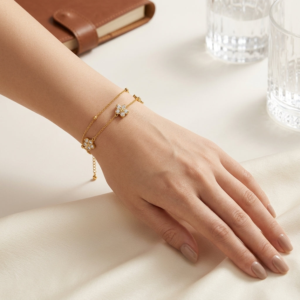 14K Gold Plated Double Layer CZ Clover Bracelet - Gold