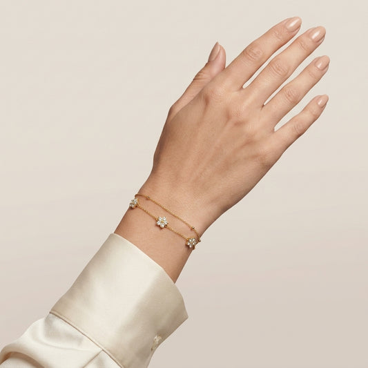 14K Gold Plated Double Layer CZ Clover Bracelet - Gold