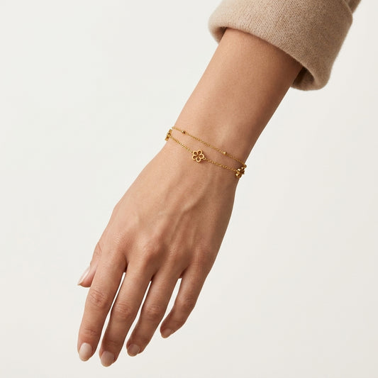 14K Gold Plated Double Layer Flower Bracelet - Gold
