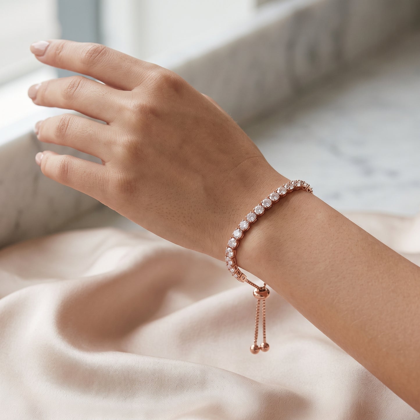 925 Sterling Silver Plated Tennis Bracelet with White Cubic Zirconia - Rose Gold