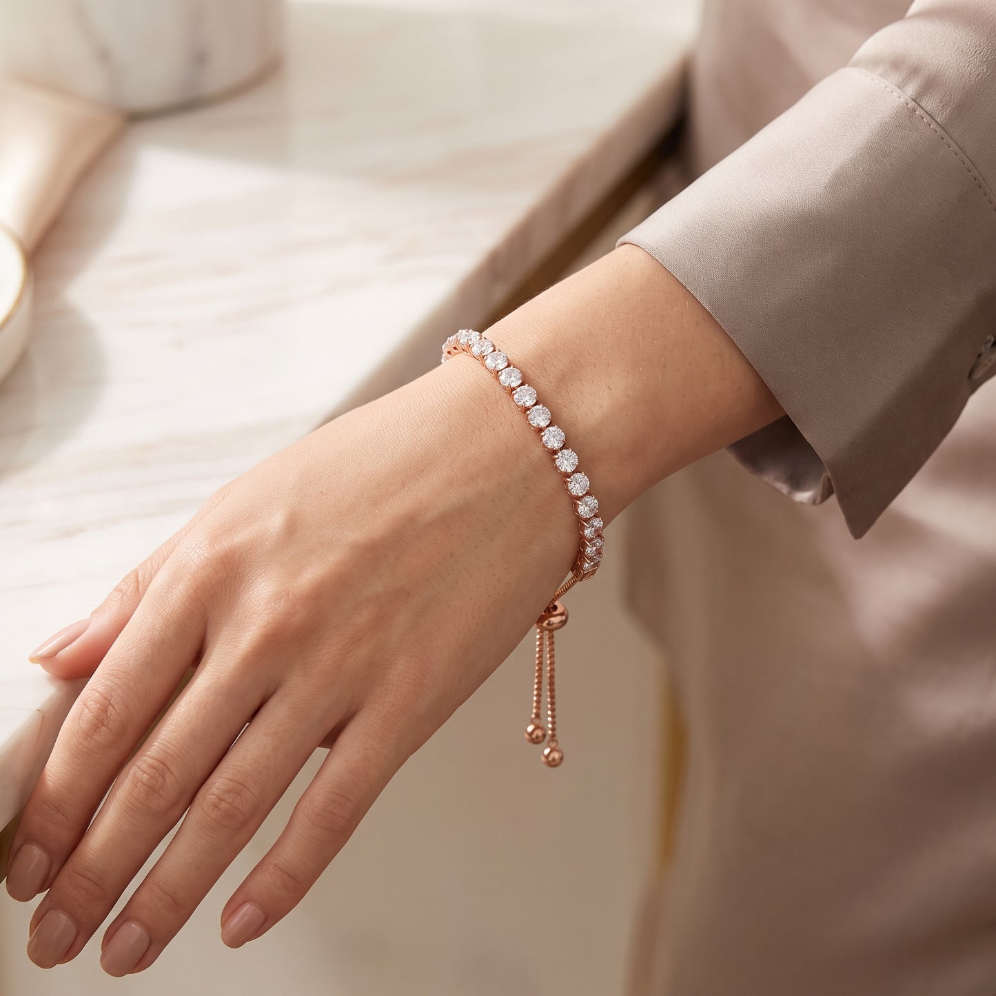 925 Sterling Silver Plated Tennis Bracelet with White Cubic Zirconia - Rose Gold