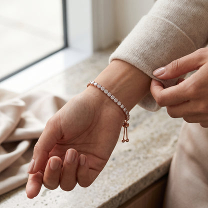925 Sterling Silver Plated Tennis Bracelet with White Cubic Zirconia - Rose Gold