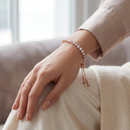 925 Sterling Silver Plated Tennis Bracelet with White Cubic Zirconia - Rose Gold