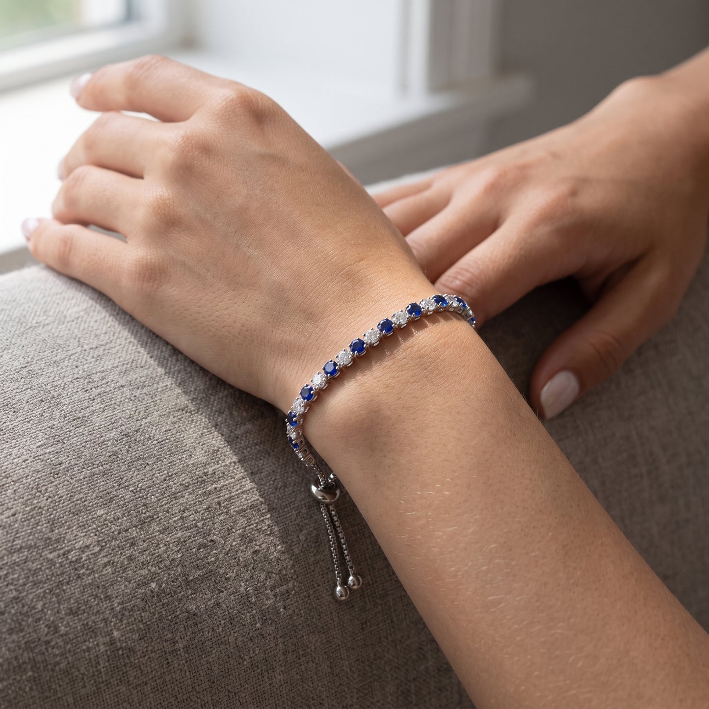 Sterling Silver Tennis Bracelet with Blue and White Cubic Zirconia