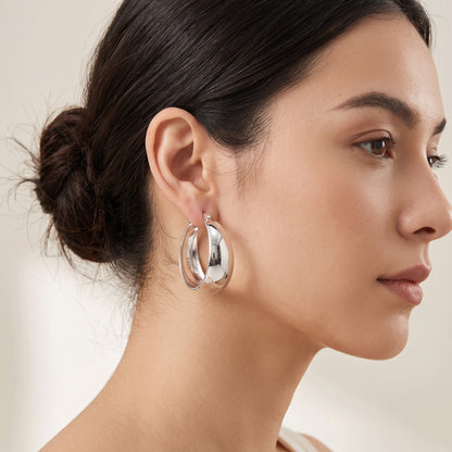 925 Sterling Silver Chunky Hoop Earrings - Silver 25mm