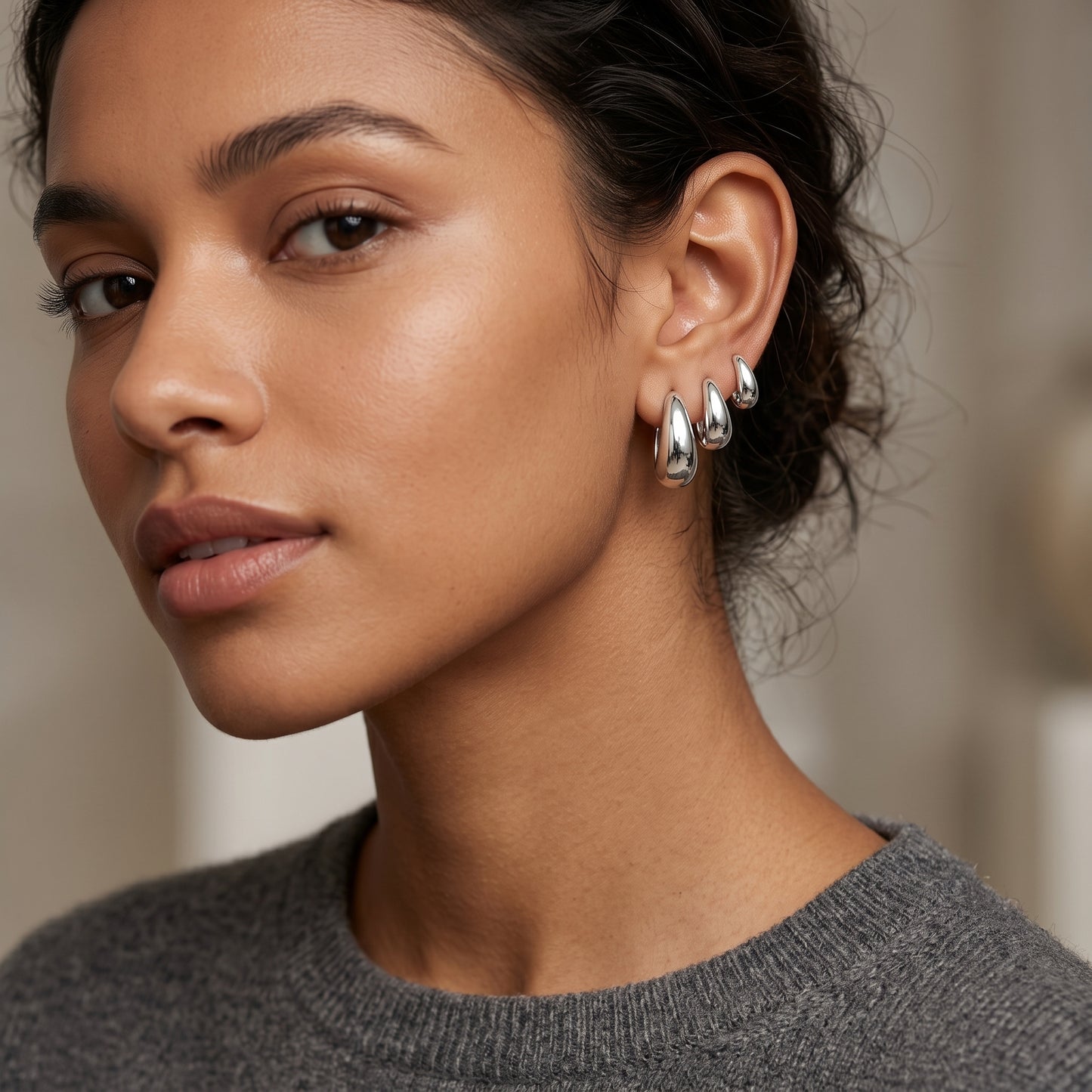 14K White Gold Plated Huggie Hoop Earrings Set of 3 Pairs - White Gold