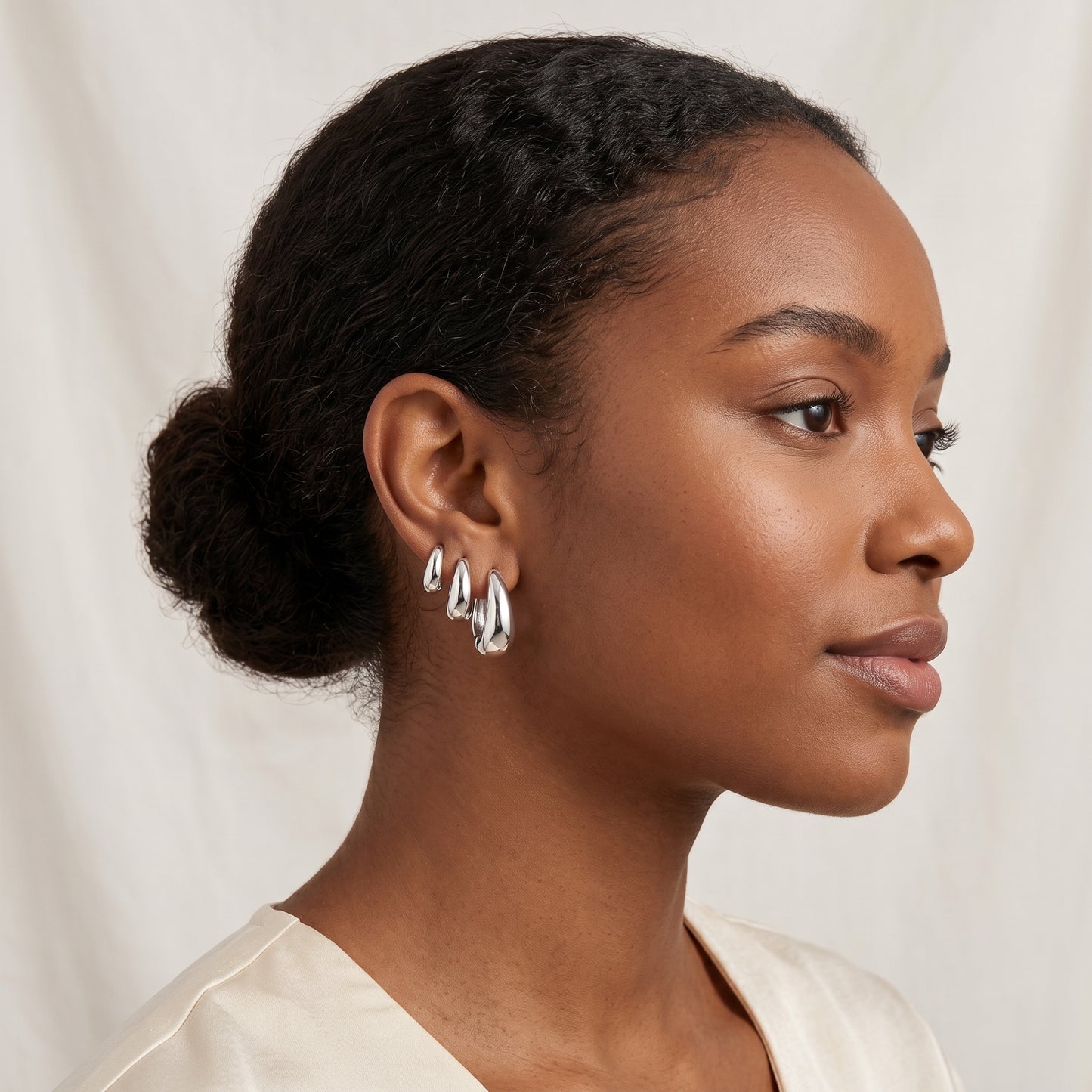 14K White Gold Plated Huggie Hoop Earrings Set of 3 Pairs - White Gold