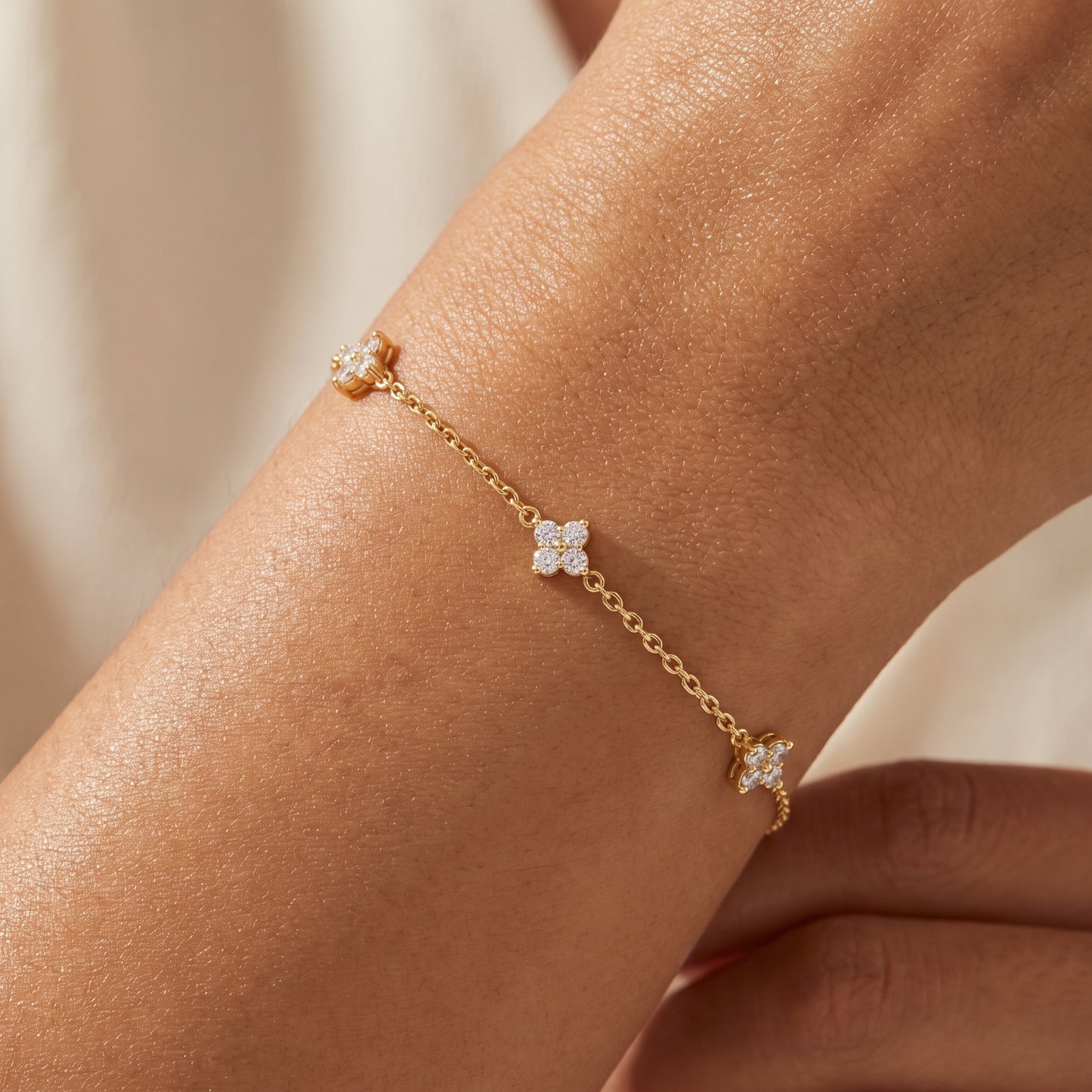 925 Sterling Silver Clover Charm Bracelet with Cubic Zirconia - Gold