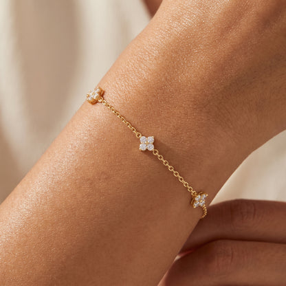925 Sterling Silver Clover Charm Bracelet with Cubic Zirconia - Gold