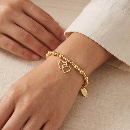 18K Gold Plated Heart Link Beaded Stretch Bracelet
