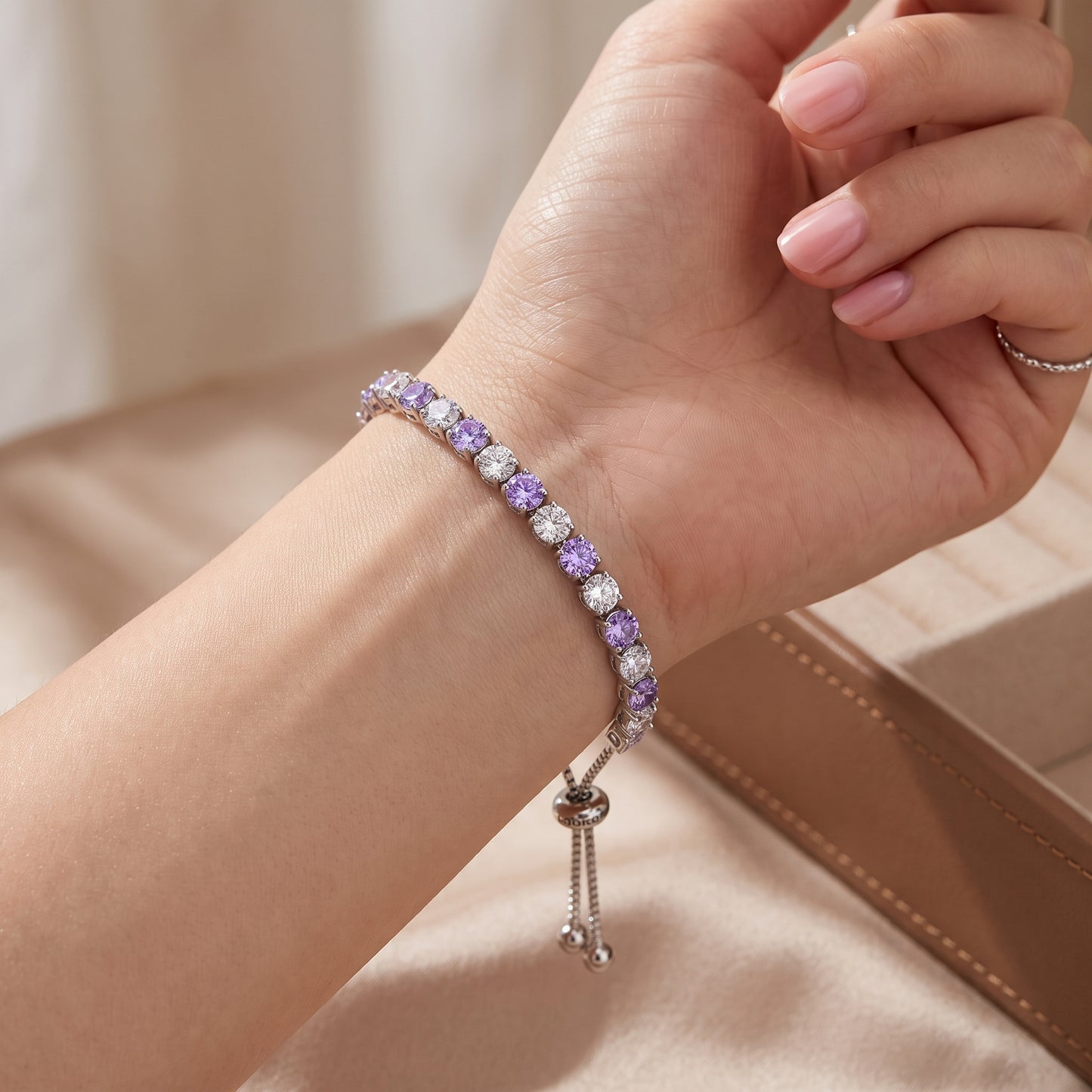 925 Sterling Silver Plated Tennis Bracelet with Purple and White Cubic Zirconia - Silver