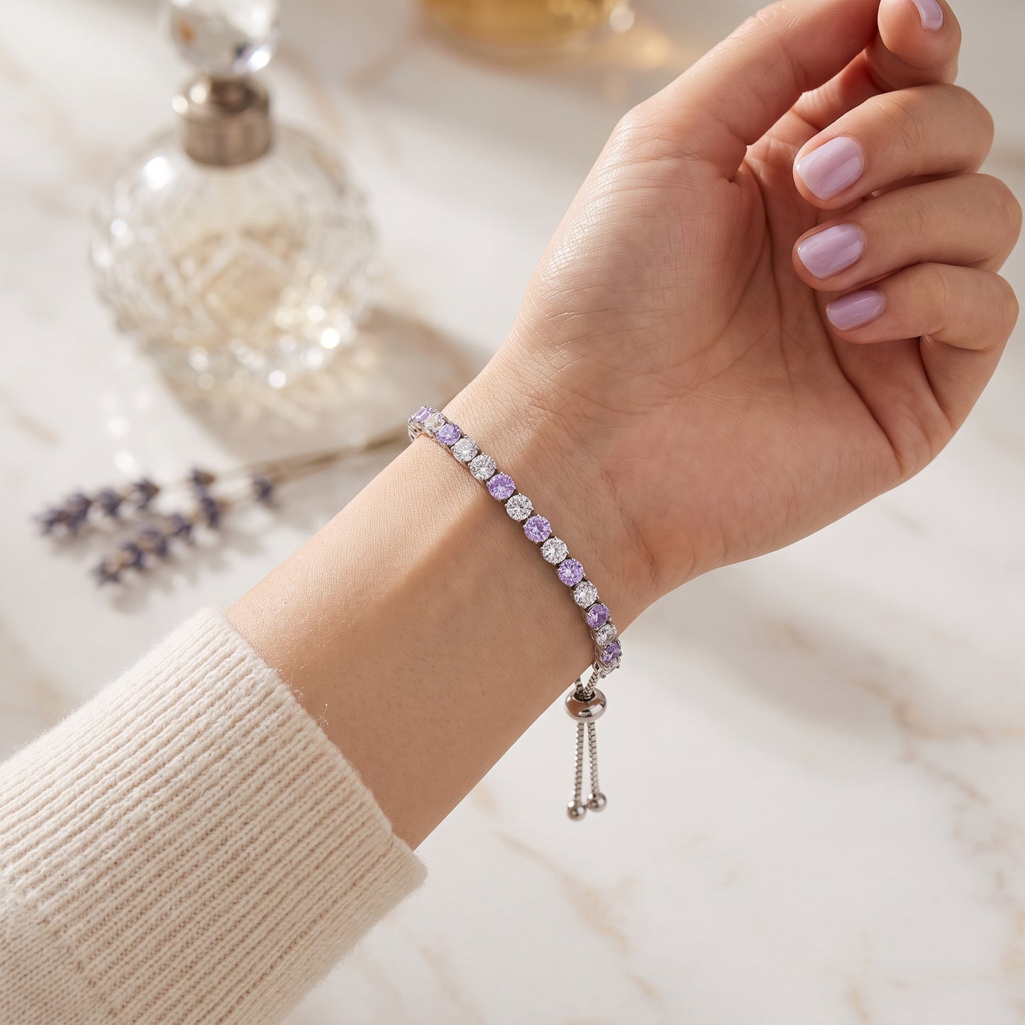 925 Sterling Silver Plated Tennis Bracelet with Purple and White Cubic Zirconia - Silver