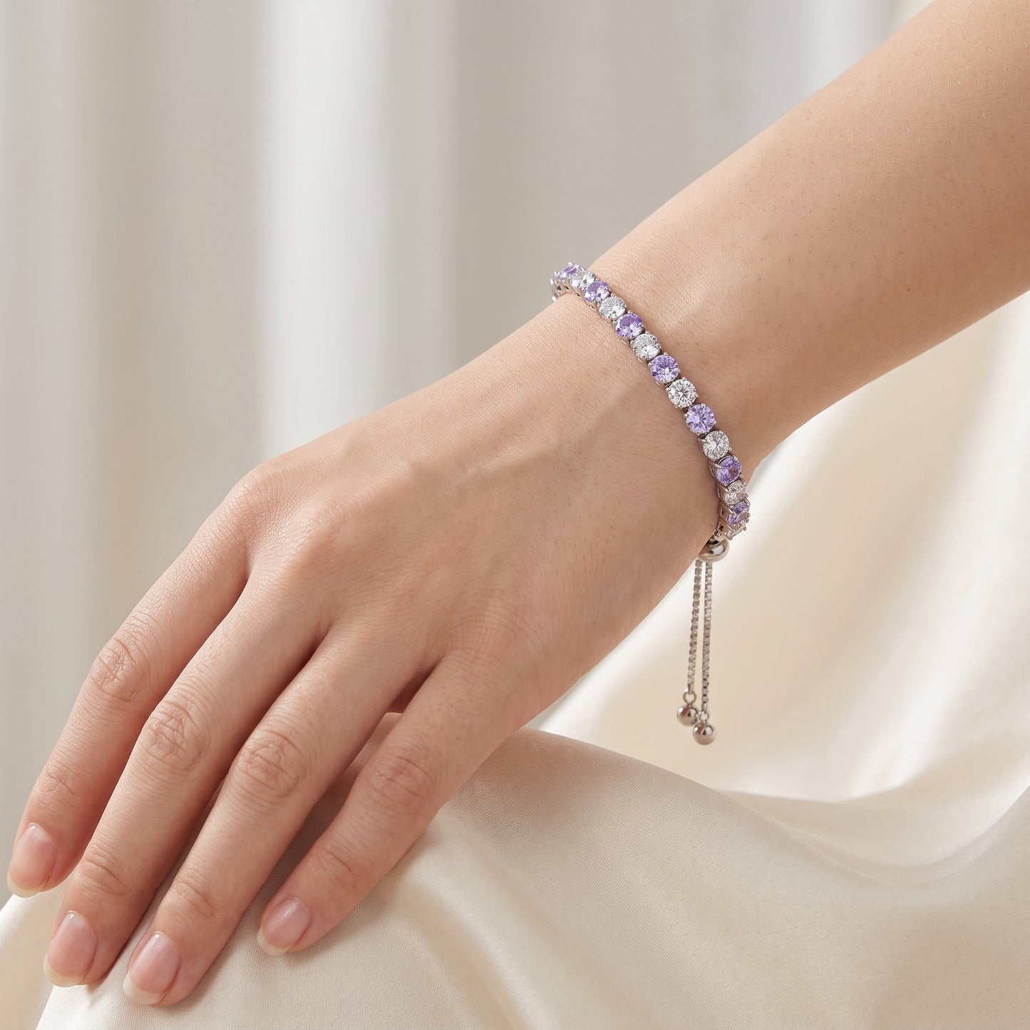 925 Sterling Silver Plated Tennis Bracelet with Purple and White Cubic Zirconia - Silver