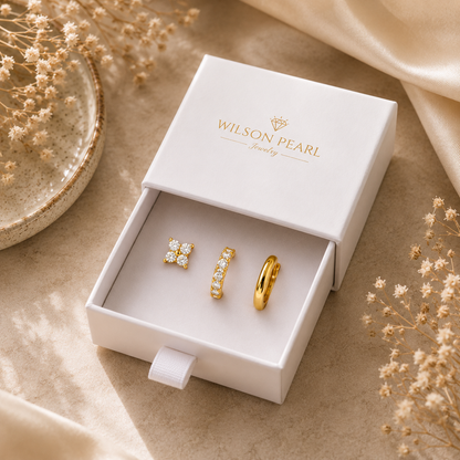 925 Sterling Silver Leaf CZ Stud and Hoop Earring Set of 3 Pairs - Gold