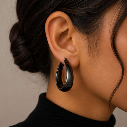 925 Sterling Silver Chunky Hoop Earrings Black - 30mm