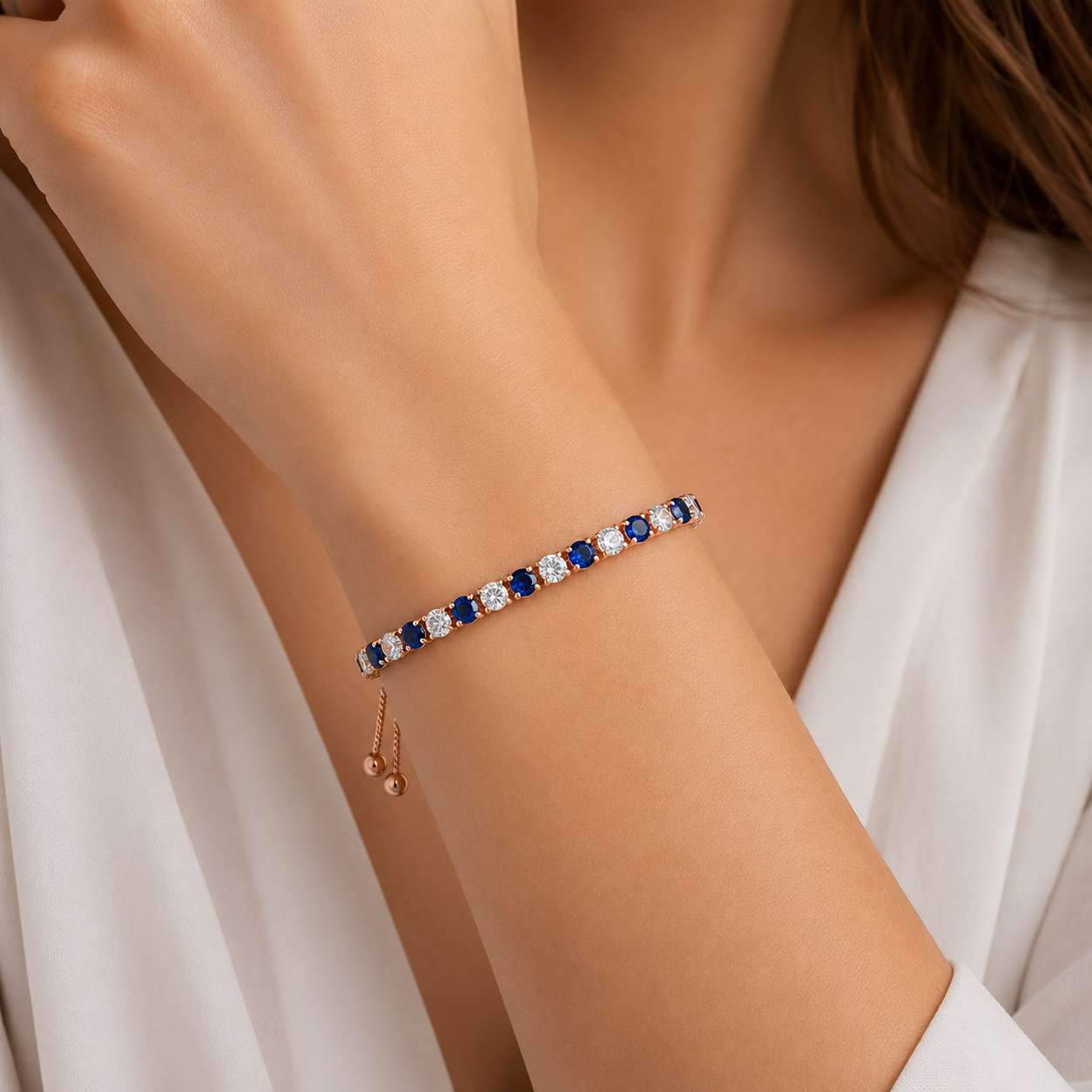 Sterling Silver Tennis Bracelet with Blue and White Cubic Zirconia