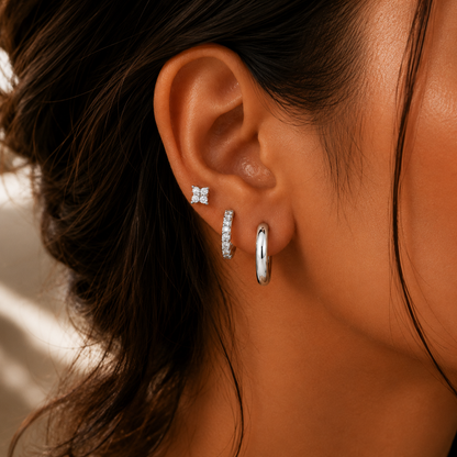925 Sterling Silver Leaf CZ Stud and Hoop Earring Set of 3 Pairs - Silver