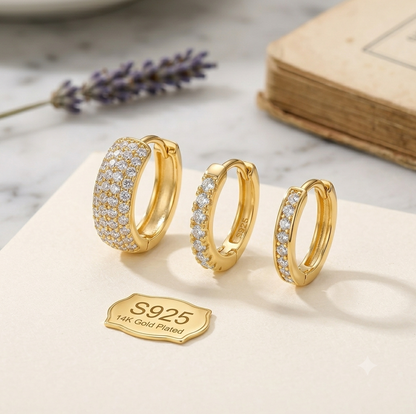 14K Gold Plated Chunky CZ Huggie Hoop Earrings Set of 3 Pairs - Gold