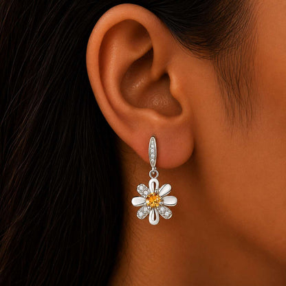 925 Sterling Silver Daisy Drop Earrings with Cubic Zirconia - Silver