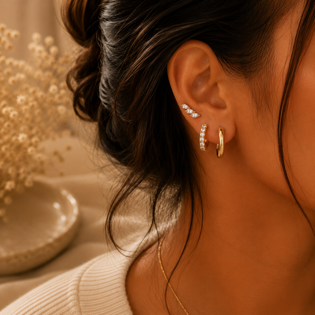 925 Sterling Silver Maple Leaf CZ Stud and Hoop Earring Set of 3 Pairs - Gold