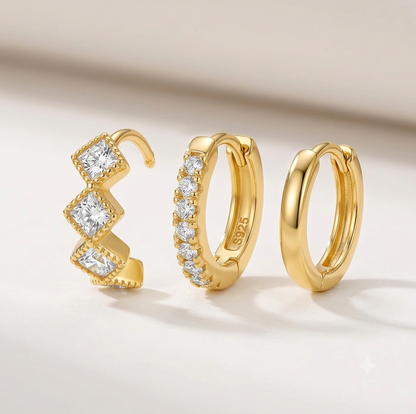 14K Gold Plated Square CZ Huggie Hoop Earrings Set of 3 Pairs - Gold