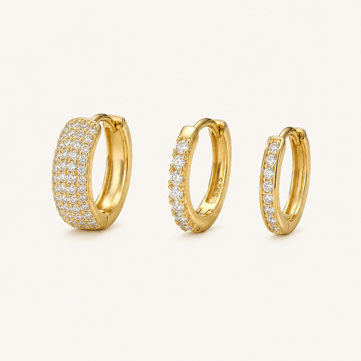 14K Gold Plated Chunky CZ Huggie Hoop Earrings Set of 3 Pairs - Gold