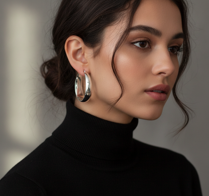 925 Sterling Silver Chunky Hoop Earrings - Silver 40mm