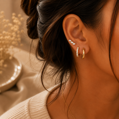 925 Sterling Silver Maple Leaf CZ Stud and Hoop Earring Set of 3 Pairs - Gold